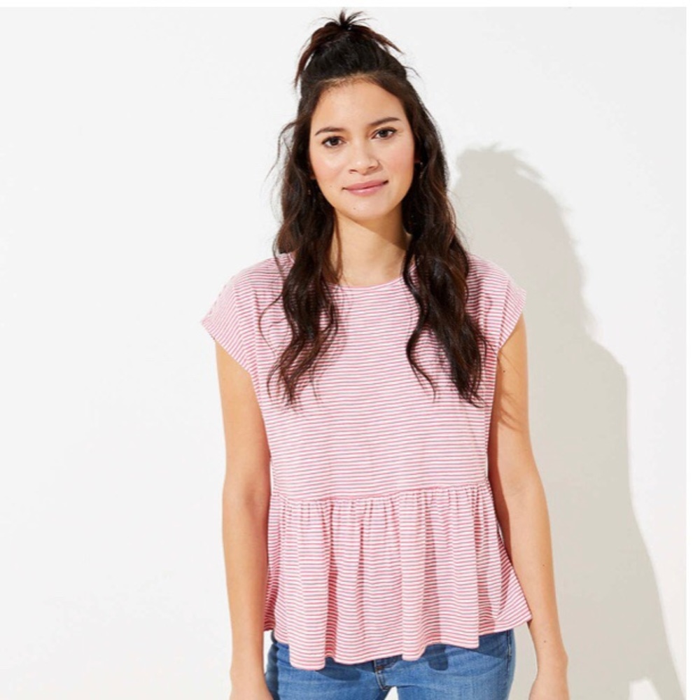 NWT LOFT Pink Striped Peplum Tee, Sz S